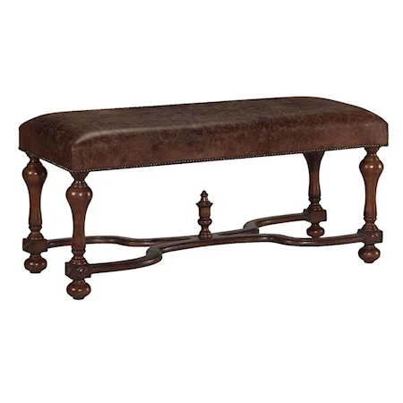Brown Leather Look Bench with Carved Stretcher Base